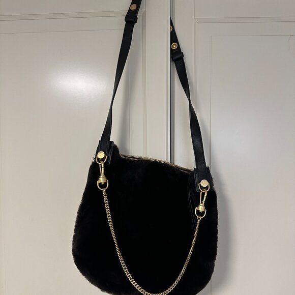 All Saints Black Shearling Crossbody Bag - Picture 1 of 3